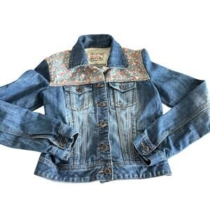 Hot Kiss Denim Jacket Floral Fabric Accent Size S Button Up